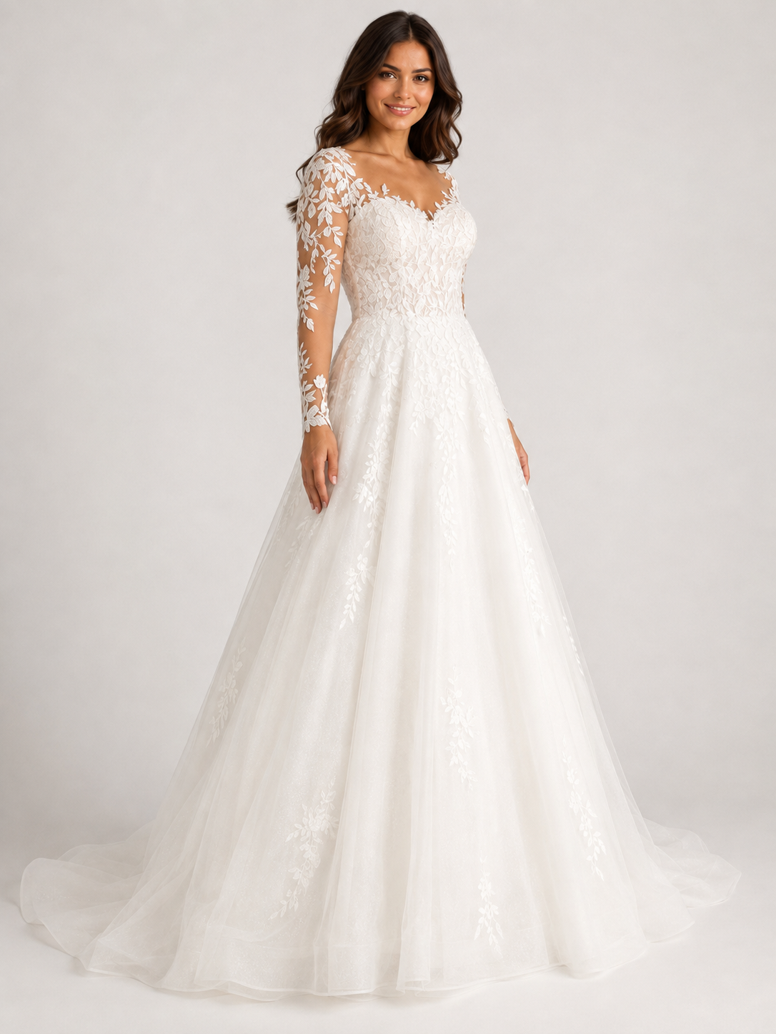 Elegant Long-Sleeve Lace Applique Tulle A-Line Wedding Dress with Chapel Train
