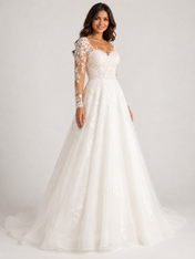 Elegant Long-Sleeve Lace Applique Tulle A-Line Wedding Dress with Chapel Train