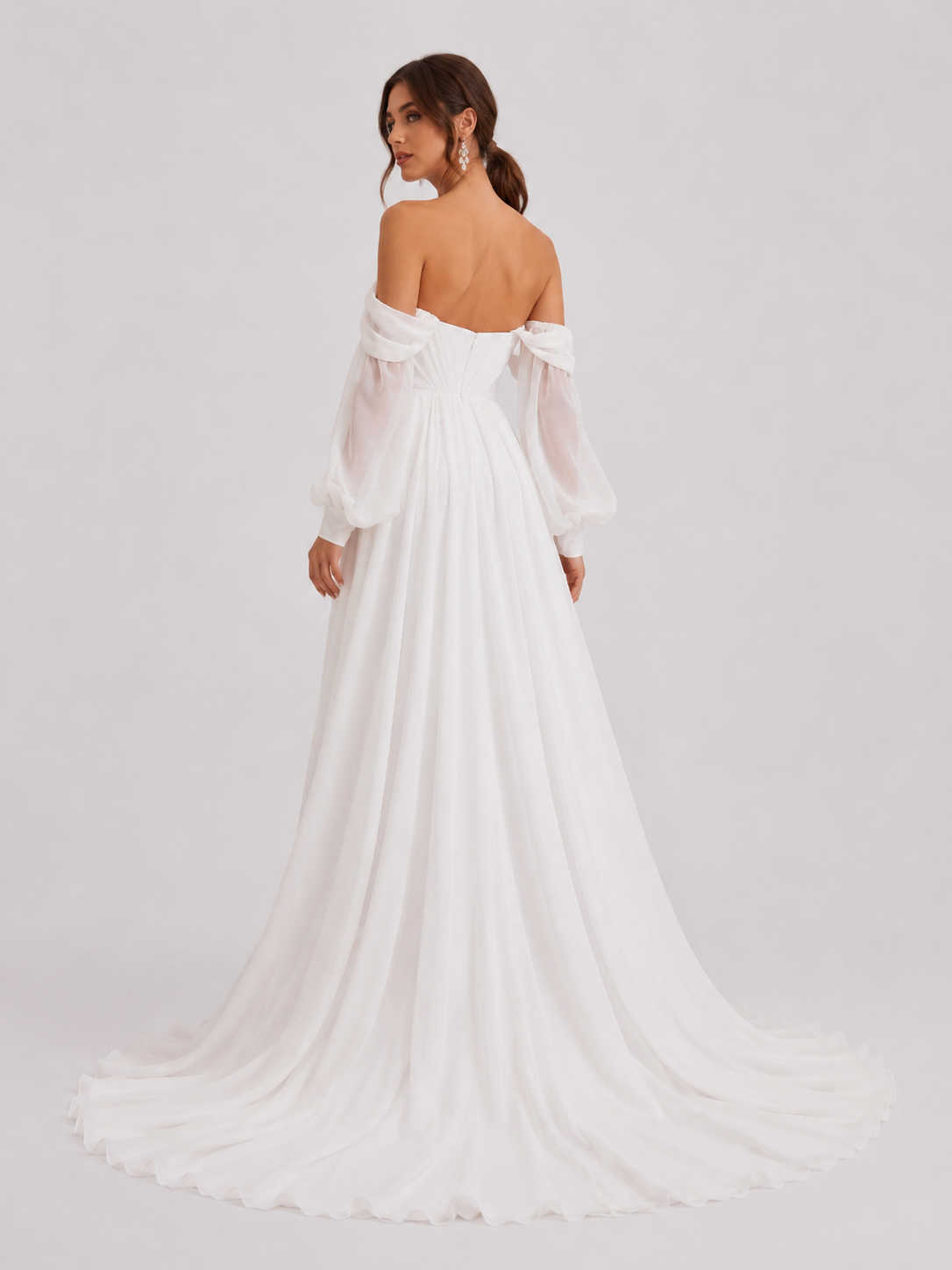 Elegant Off-the-Shoulder Long Sleeve Ruched Chiffon A-Line Wedding Dress with High Slit and Chapel Train