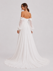 Elegant Off-the-Shoulder Long Sleeve Ruched Chiffon A-Line Wedding Dress with High Slit and Chapel Train