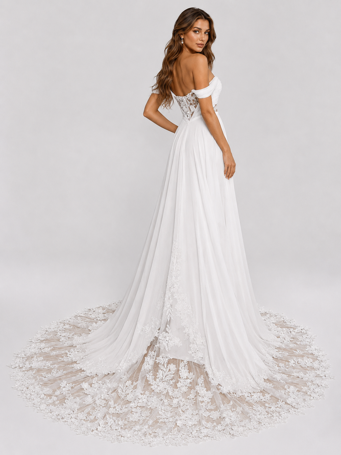 Elegant Off-the-Shoulder Lace Applique Chiffon A-Line Wedding Dress with Chapel Train