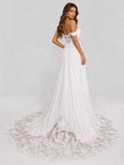 Elegant Off-the-Shoulder Lace Applique Chiffon A-Line Wedding Dress with Chapel Train