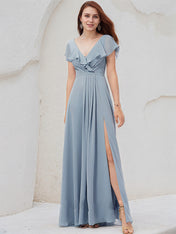 Dusty Blue A-Line V-Neck Floor-Length Chiffon Bridesmaid Dress