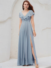 Dusty Blue A-Line V-Neck Floor-Length Chiffon Bridesmaid Dress