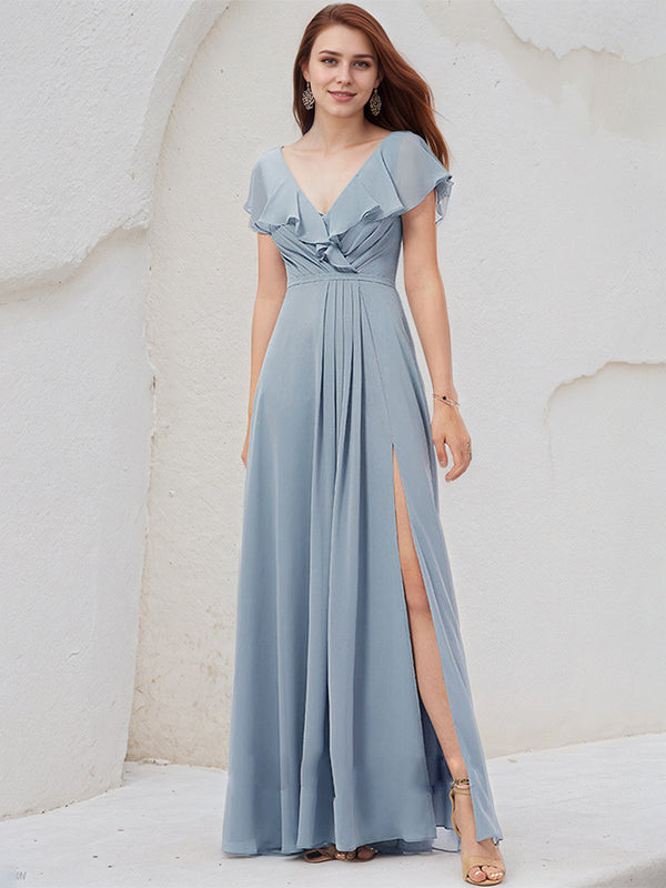 Dusty Blue A-Line V-Neck Floor-Length Chiffon Bridesmaid Dress
