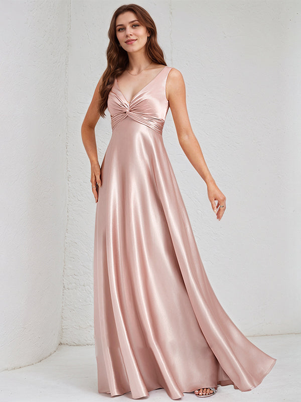 Dusty Rose Satin A Line V Neck Sleeveless Floor Length Bridesmaid Dress