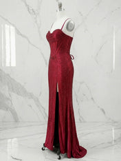 Sweetheart Beaded Corset Long Prom Dresses with Slit
