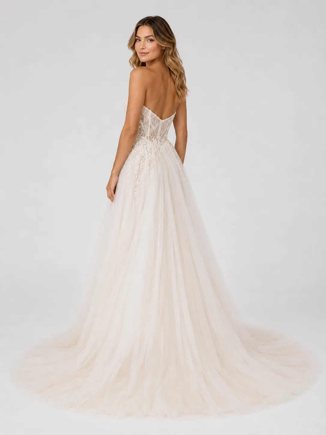 Elegant Strapless Tulle Wedding Dress with Lace Corset and Chapel Train
