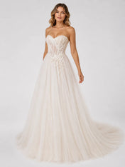 Elegant Strapless Tulle Wedding Dress with Lace Corset and Chapel Train
