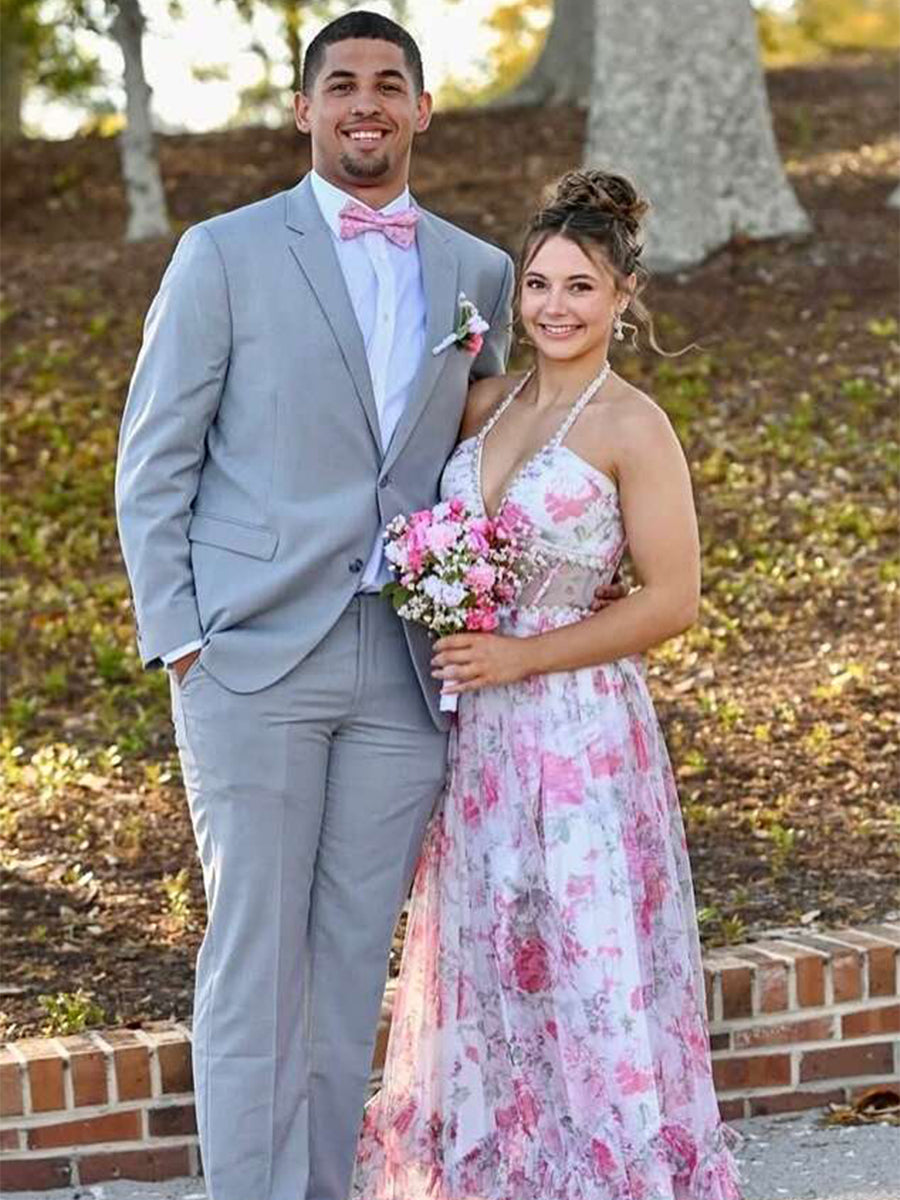 Pink Floral Halter Corset Ruffled Long Prom Dress with Slit