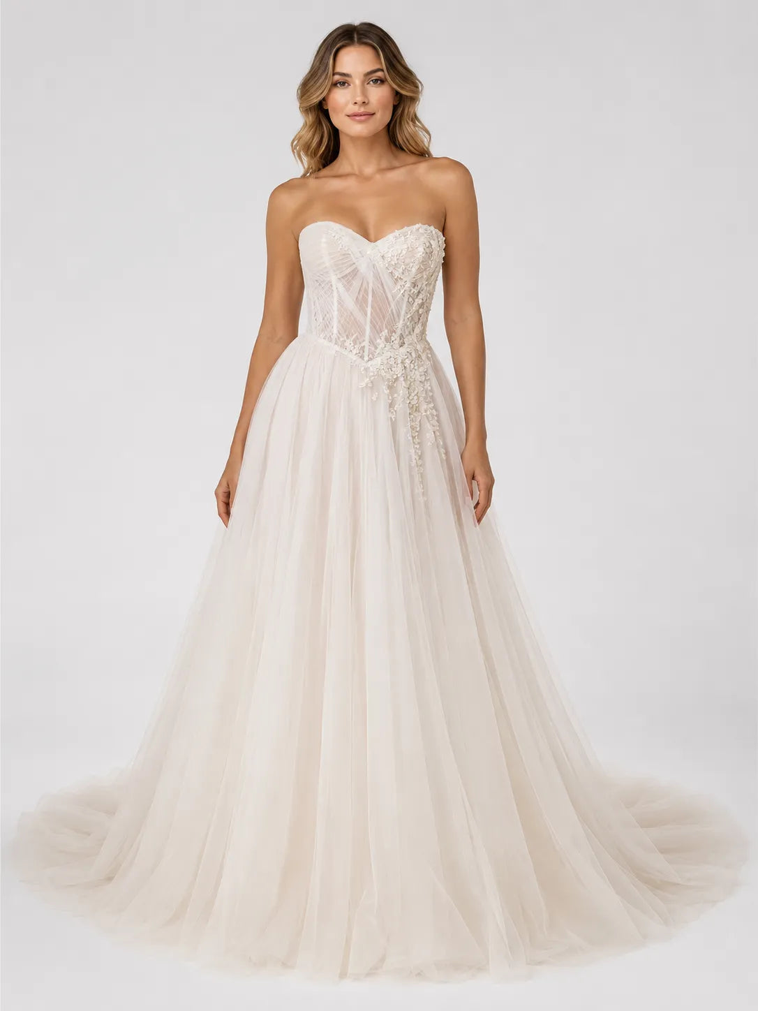 Elegant Strapless Tulle Wedding Dress with Lace Corset and Chapel Train