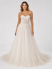 Elegant Strapless Tulle Wedding Dress with Lace Corset and Chapel Train