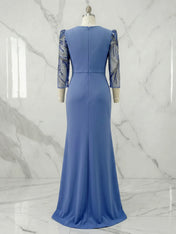 Bateau Neck Beaded Evening Gown with 3/4 Sheer Sleeves Mother of The Bride Dresses