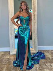 Dark Green Mermaid Sweetheart Metallic Corset Long Prom Dress with Slit