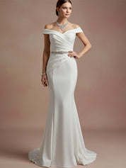 Elegant Evening Satin Dress Off-Shoulder Mermaid White Rhinestone Formal Dress