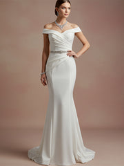 Elegant Evening Satin Dress Off-Shoulder Mermaid White Rhinestone Formal Dress