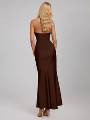 Moca Coco Sheath/Column Satin Halter Neck Sleeveless Ankle Length Dress