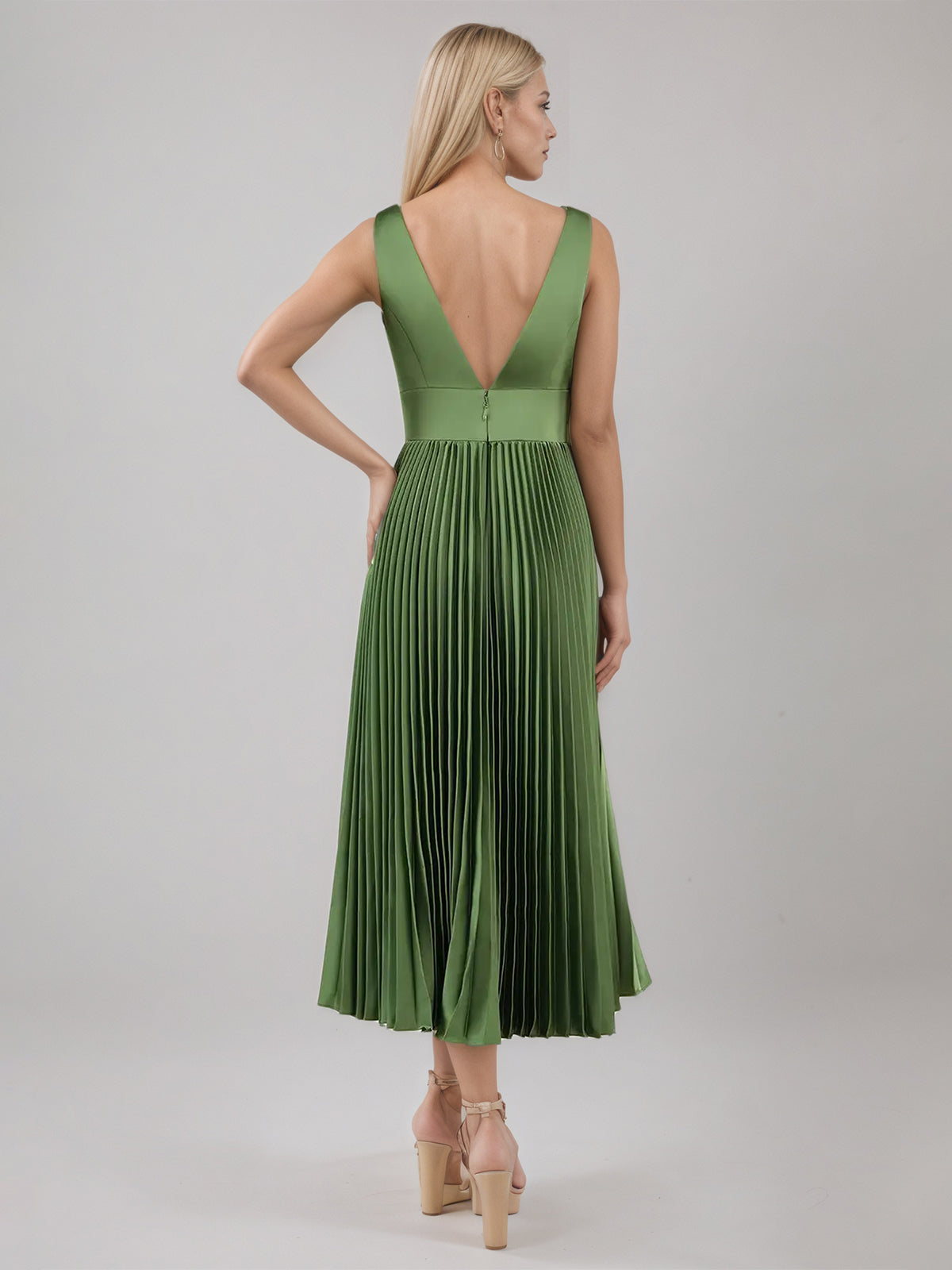 Olive Green A Line Satin V Neck Sleeveless Tea Length Dress