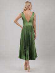 Olive Green A Line Satin V Neck Sleeveless Tea Length Dress