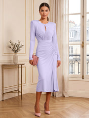Dusty Rose Long Sleeve Ruched Midi Dress Formal Evening Gown