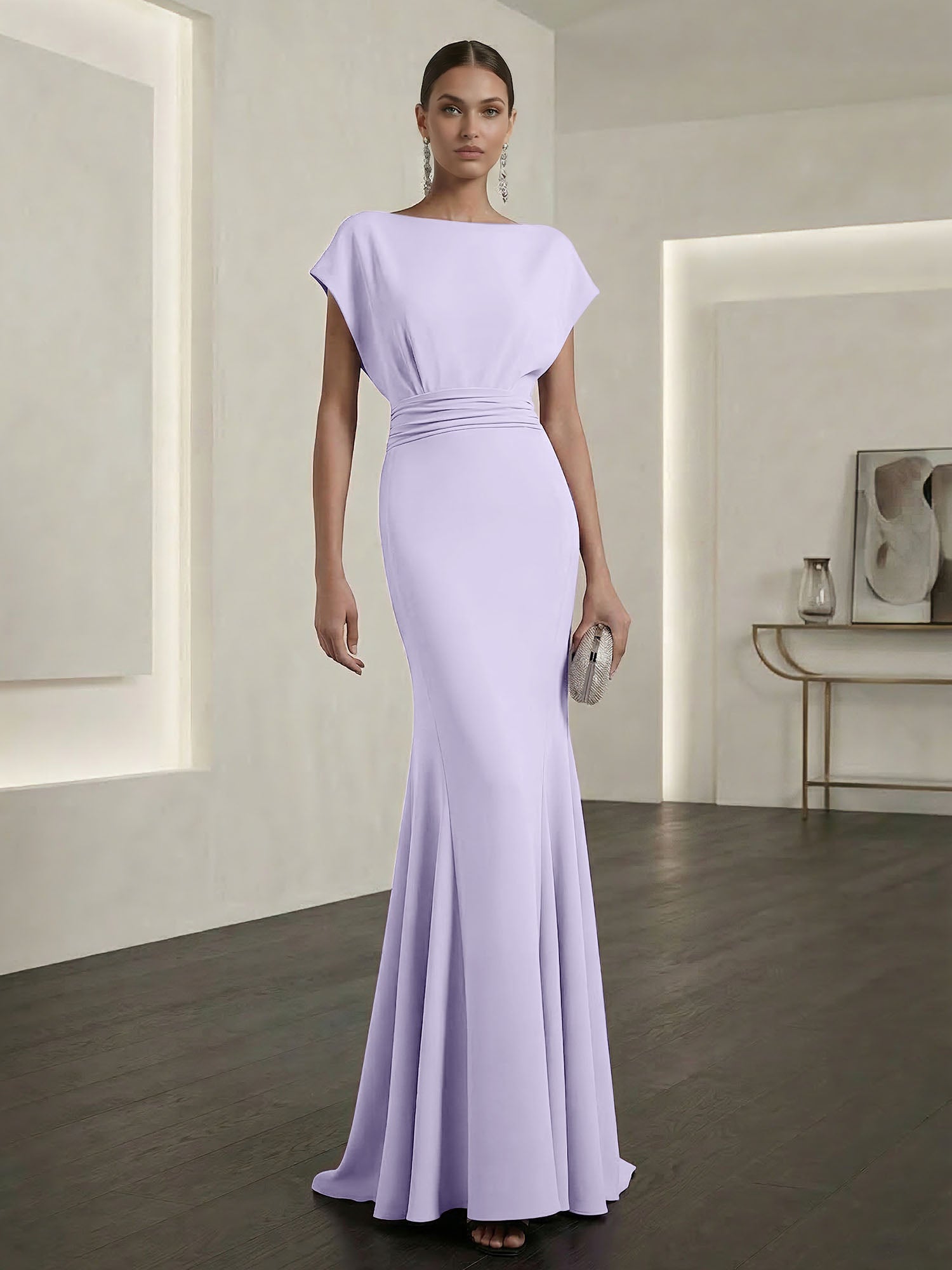 Lavender Mermaid Gown Dress Ruched Classic Boat Neck Short Sleeve Raglan Sleeves