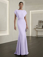 Lavender Mermaid Gown Dress Ruched Classic Boat Neck Short Sleeve Raglan Sleeves