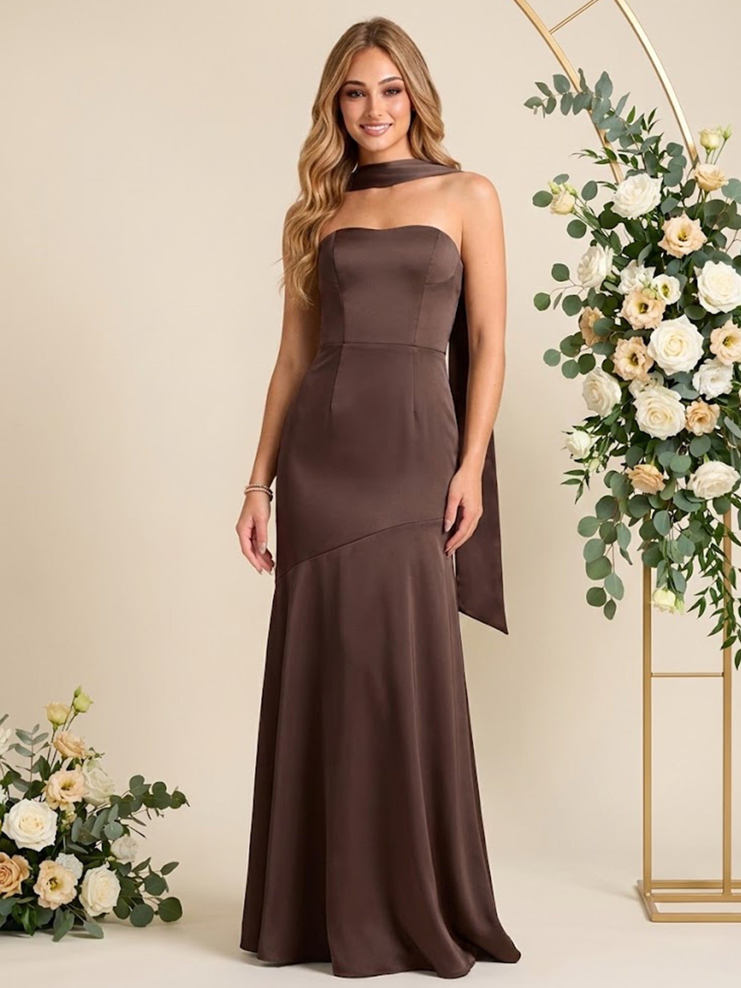Elegant Chocolate Brown Strapless Satin Sheath Prom Gown with Matching Neck Scarf
