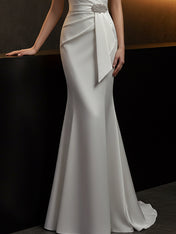 Elegant Evening Satin Dress Off-Shoulder Mermaid White Sash Rhinestone Dress