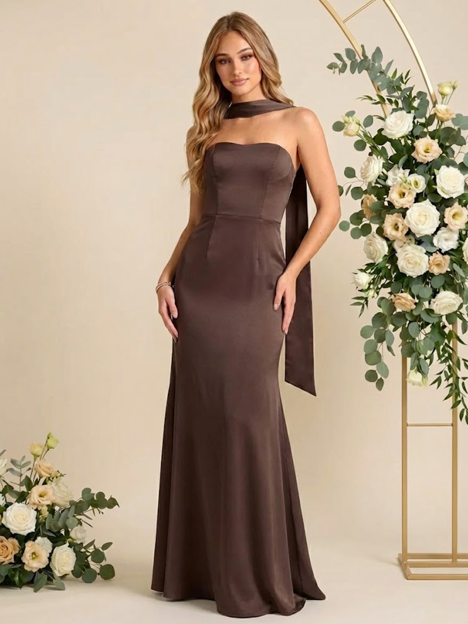 Elegant Chocolate Brown Strapless Satin Sheath Prom Gown with Matching Neck Scarf