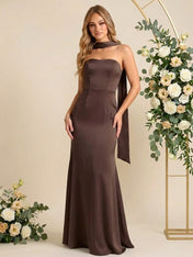 Elegant Chocolate Brown Strapless Satin Sheath Prom Gown with Matching Neck Scarf