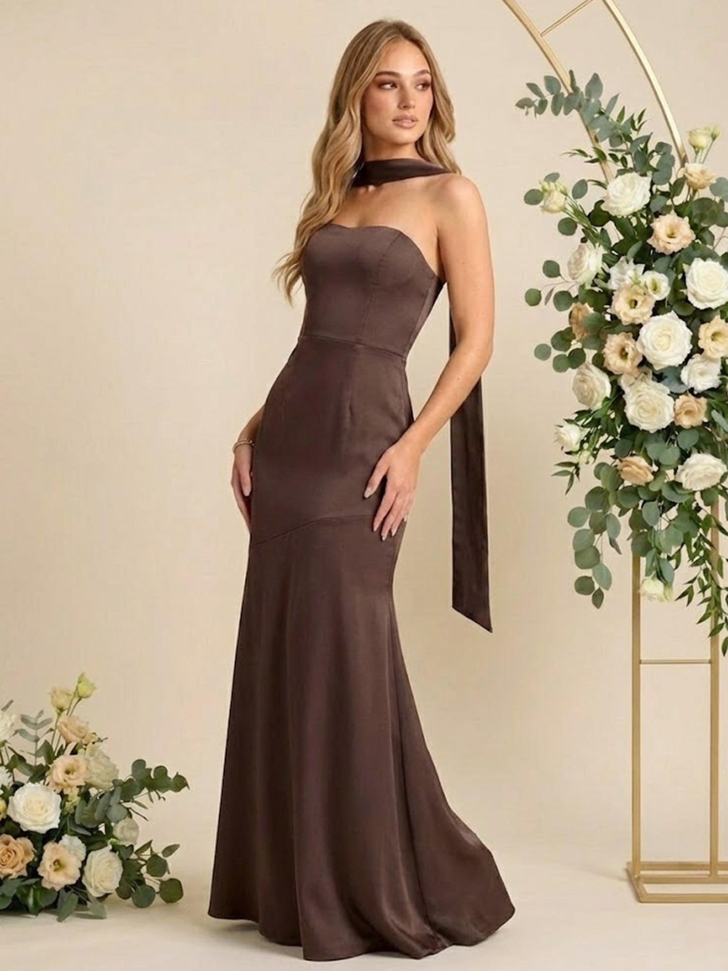 Elegant Chocolate Brown Strapless Satin Sheath Prom Gown with Matching Neck Scarf