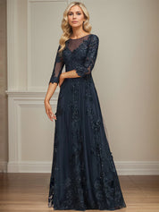 A-line Scoop Illusion Floor-Length Tulle Lace Mother of the Bride Dress With Sequins