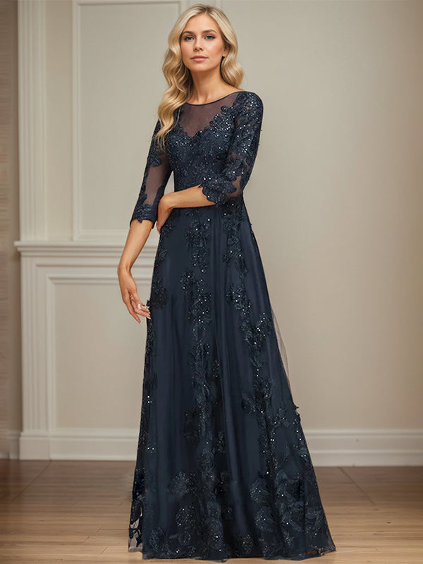 A-line Scoop Illusion Floor-Length Tulle Lace Mother of the Bride Dress With Sequins