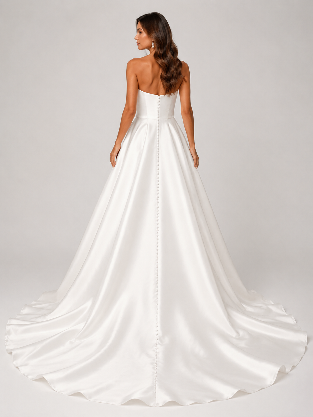 Elegant Strapless Straight-Neck Satin A-Line Wedding Dress with Pockets and Chapel Train