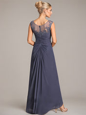 A-line Scoop Illusion Asymmetrical Chiffon Lace Mother of the Bride Dress With Pleated Beading