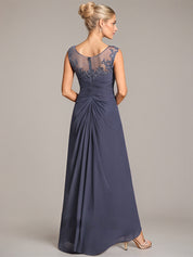 A-line Scoop Illusion Asymmetrical Chiffon Lace Mother of the Bride Dress With Pleated Beading