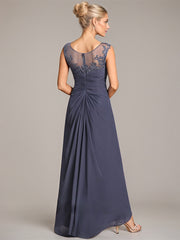 A-line Scoop Illusion Asymmetrical Chiffon Lace Mother of the Bride Dress With Pleated Beading