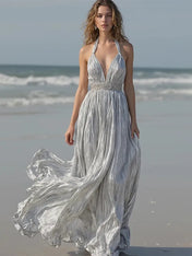 Silver V-Neck Spaghetti Straps Pleated Long Formal Dress