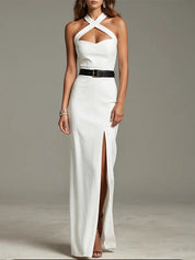 Party dress White cross strap slit floor length dress