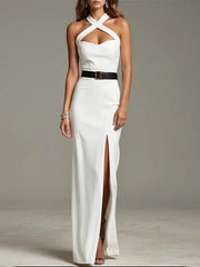 Party dress White cross strap slit floor length dress