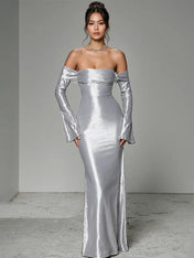 Party Dress  Silver Gray Off-the-shoulder Tulle Maxi Dress