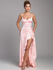 Party Dress Pink Strapless High Slit Ruffled Maxi Dress