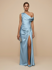 Light Blue One Shoulder A Line Satin Pleat Maxi Dress with Slit