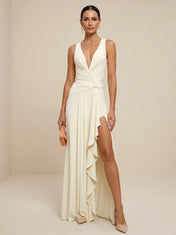 Ivory Deep V Neck Chiffon Pleat A Line Maxi Dress with Slit