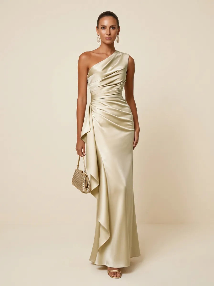Light Champagne One Shoulder Satin Mermaid Maxi Dress with Ruffle