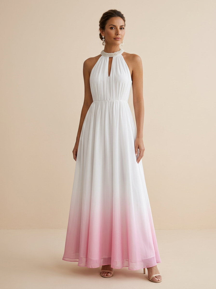 White to Pink Ombre Halter Chiffon Maxi Dress