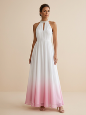 White to Pink Ombre Halter Chiffon Maxi Dress