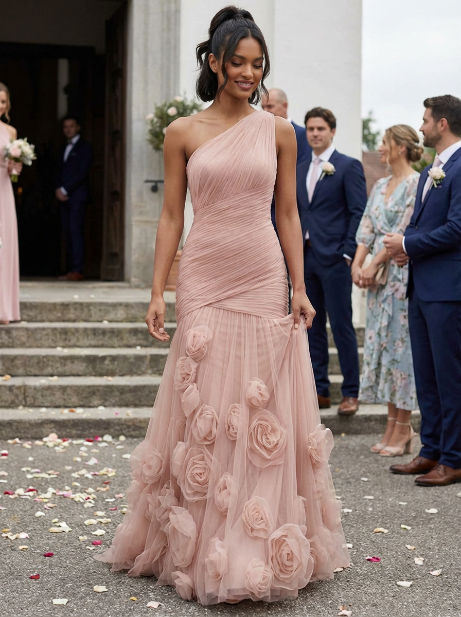 Sweetheart Tulle Pleat One Shoulder Mermaid Evening Dresses Gown with 3D Flower