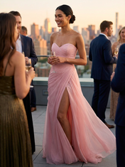 Strapless Sweetheart High Slit Tulle Pleat Prom Dress Evening Dresses