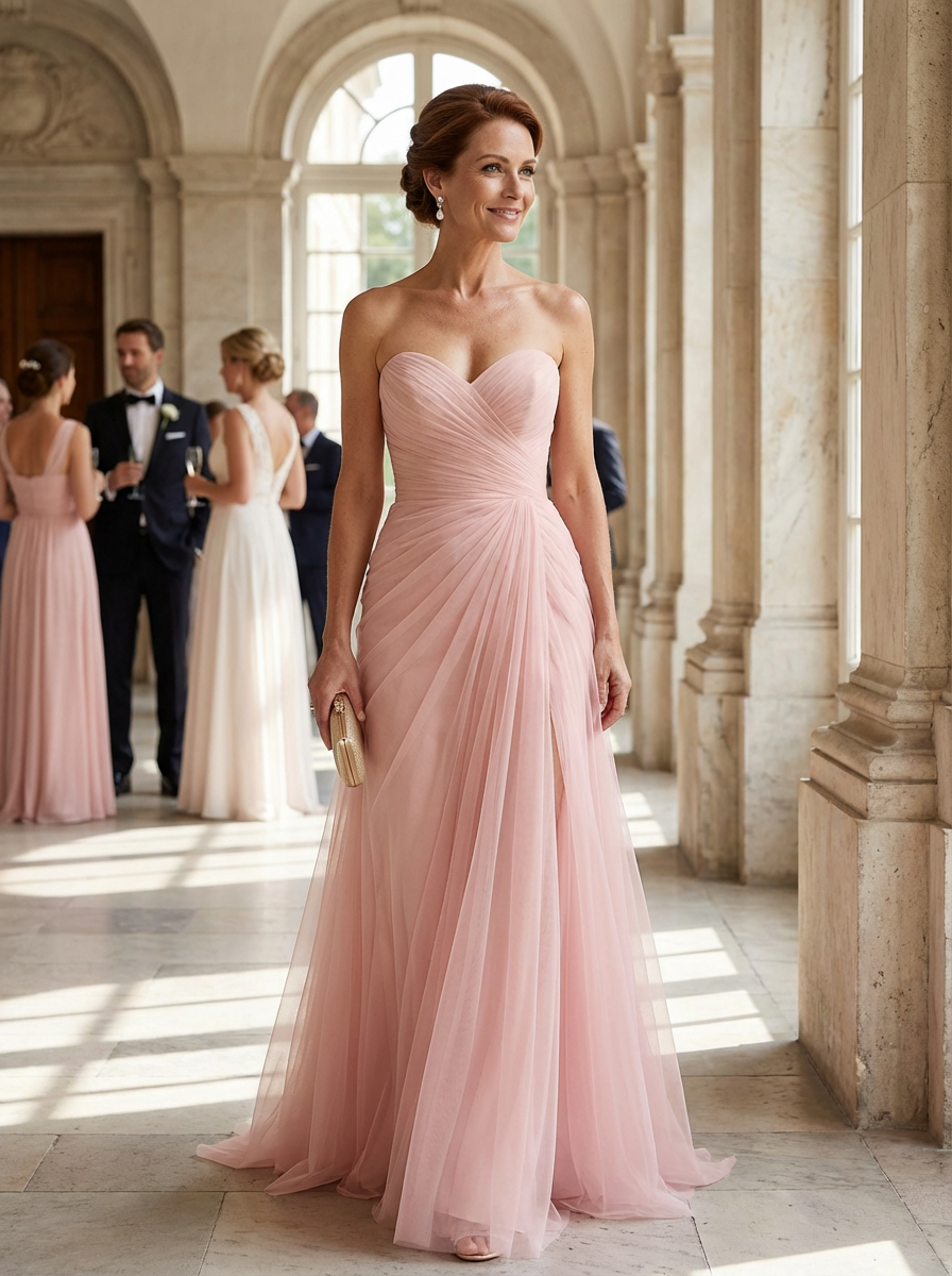 Pink Ruched Slit Tulle Strapless Sleeveless Sheath Gown Dress